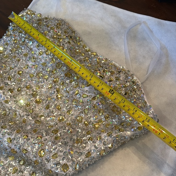 Sherri Hill Satin Spaghetti Straps Zipper back Built-in Bra Embellished Dress - Picture 12 of 13